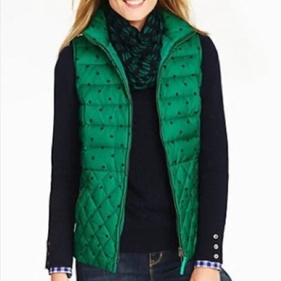 Talbots Down Fill Puffer Vest Jacket Green Navy Polka Dot Preppy Sz S - Picture 2 of 9